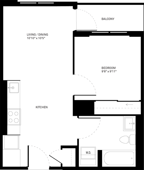 Floor plan for 1 bed, 1 bath, 504 sqft